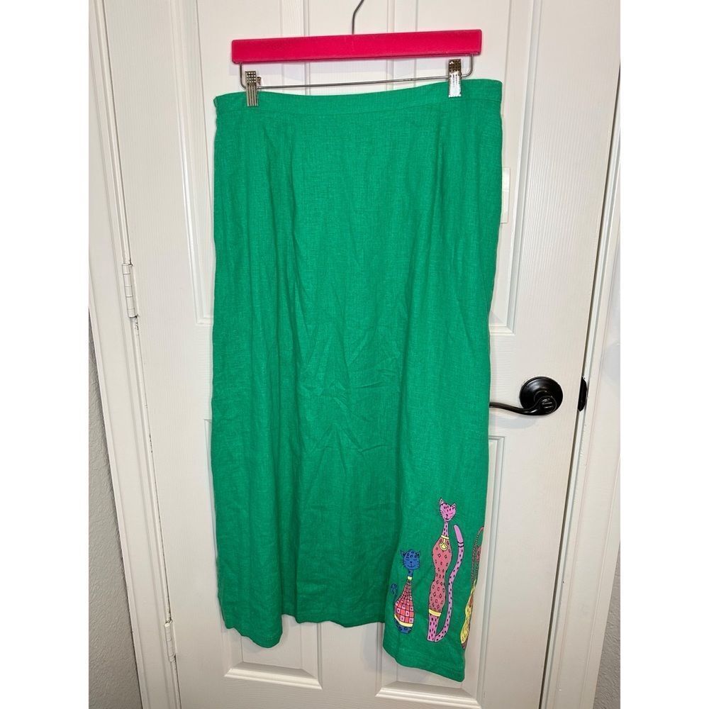 Deadstock VTG Stonebridge Kelly Green Linen Artsy Cat Novelty Print Maxi Skirt